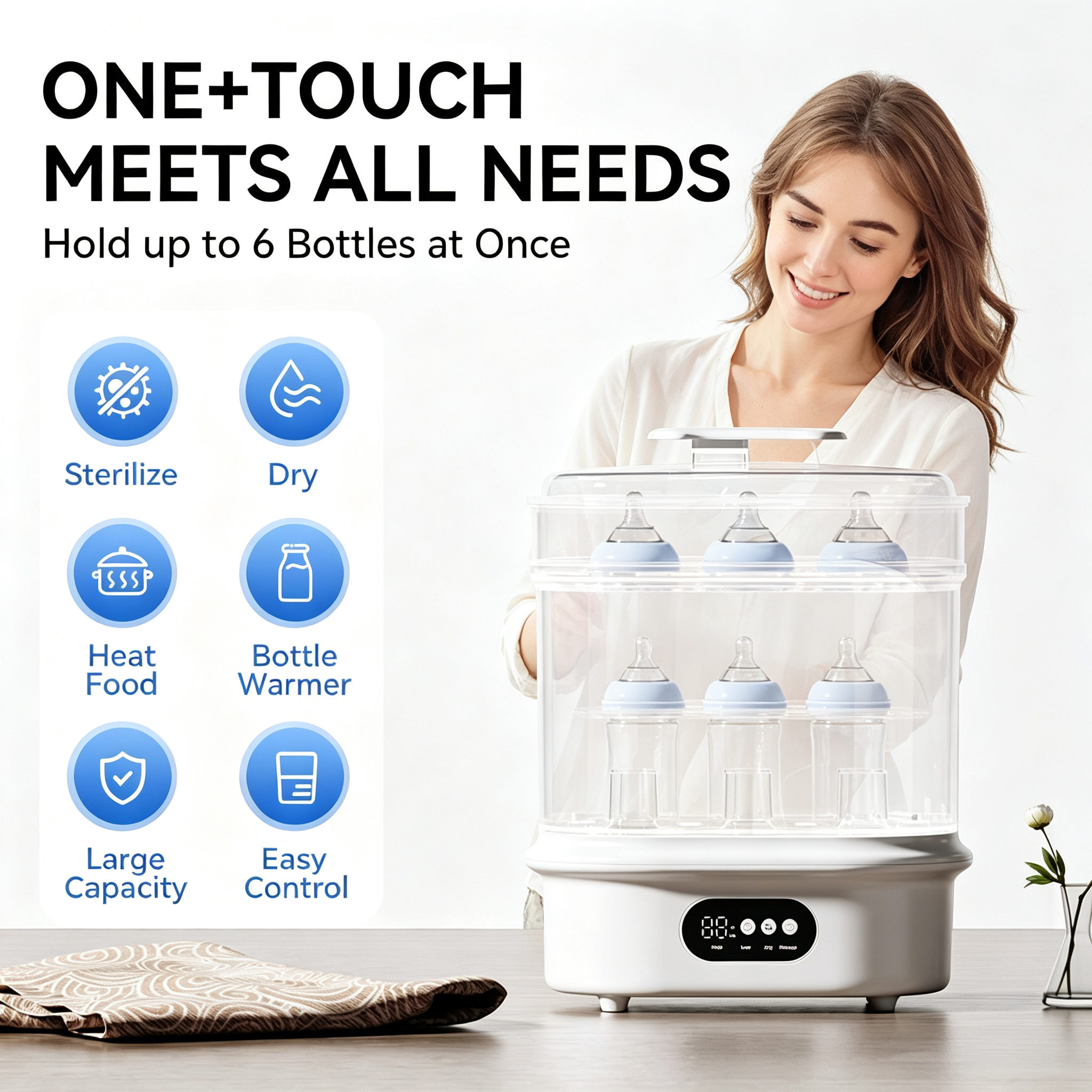 Electric Bottle Sterilizer and Dryer, Steam Function Bottle Cleaner with Hot Air Drying and Timer Settings for Home
