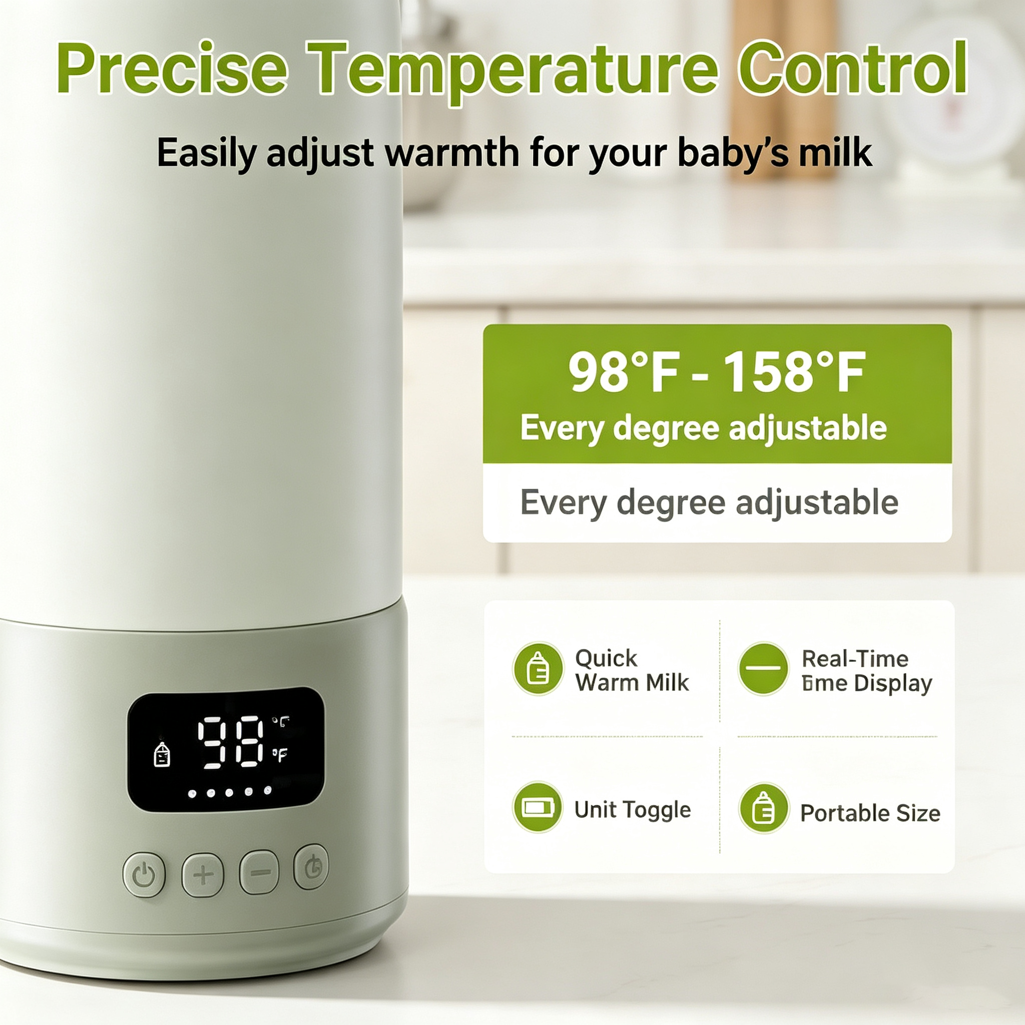 Portable Bottle Warmer, USB Rechargeable with Digital Display, 17 oz Capacity, 316L Stainless Steel Interior, Preset Temperature Options, Portable Design