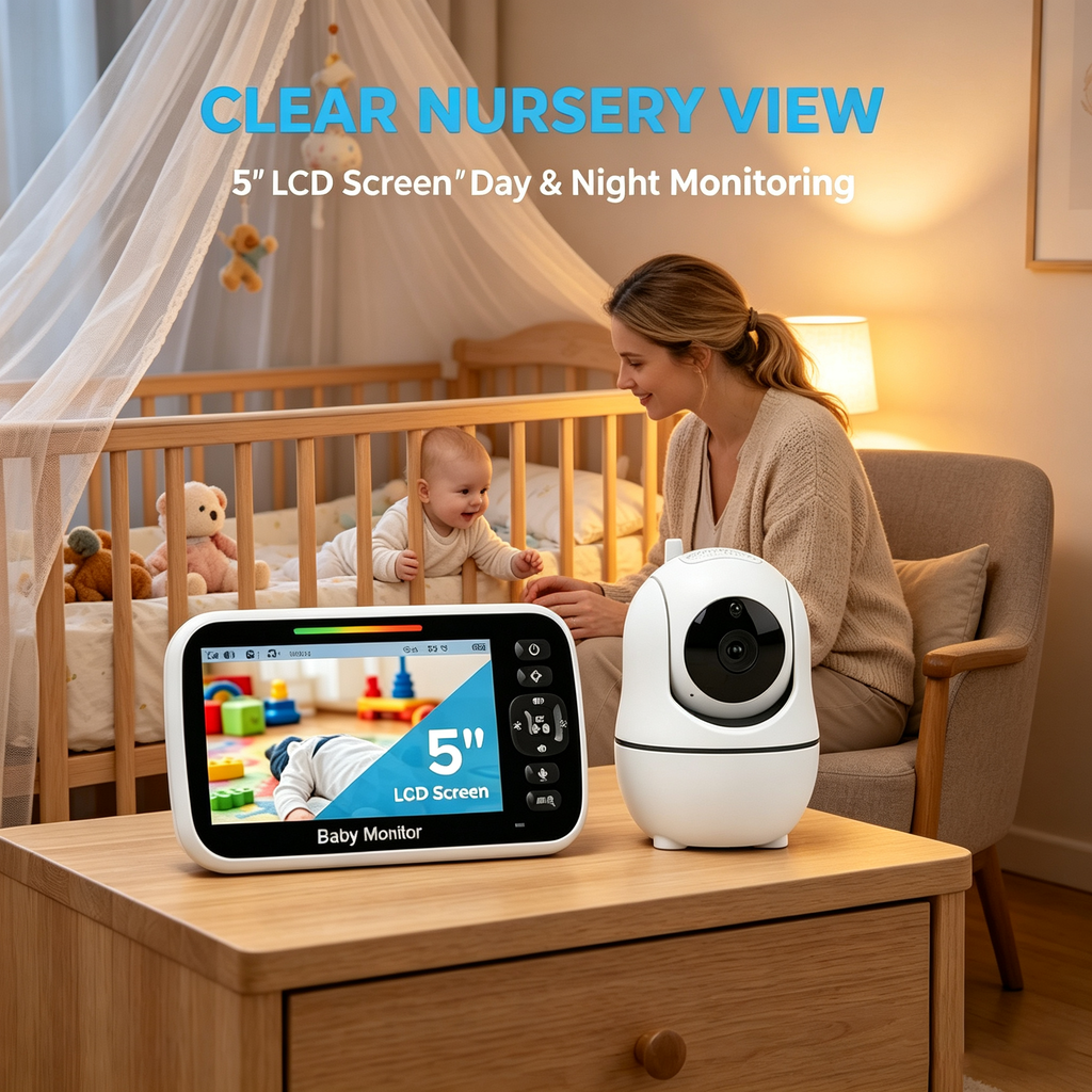 Portable Video Baby Monitor with 5" Screen, Remote Camera Angle Control, Night Vision and Two-Way Audio
