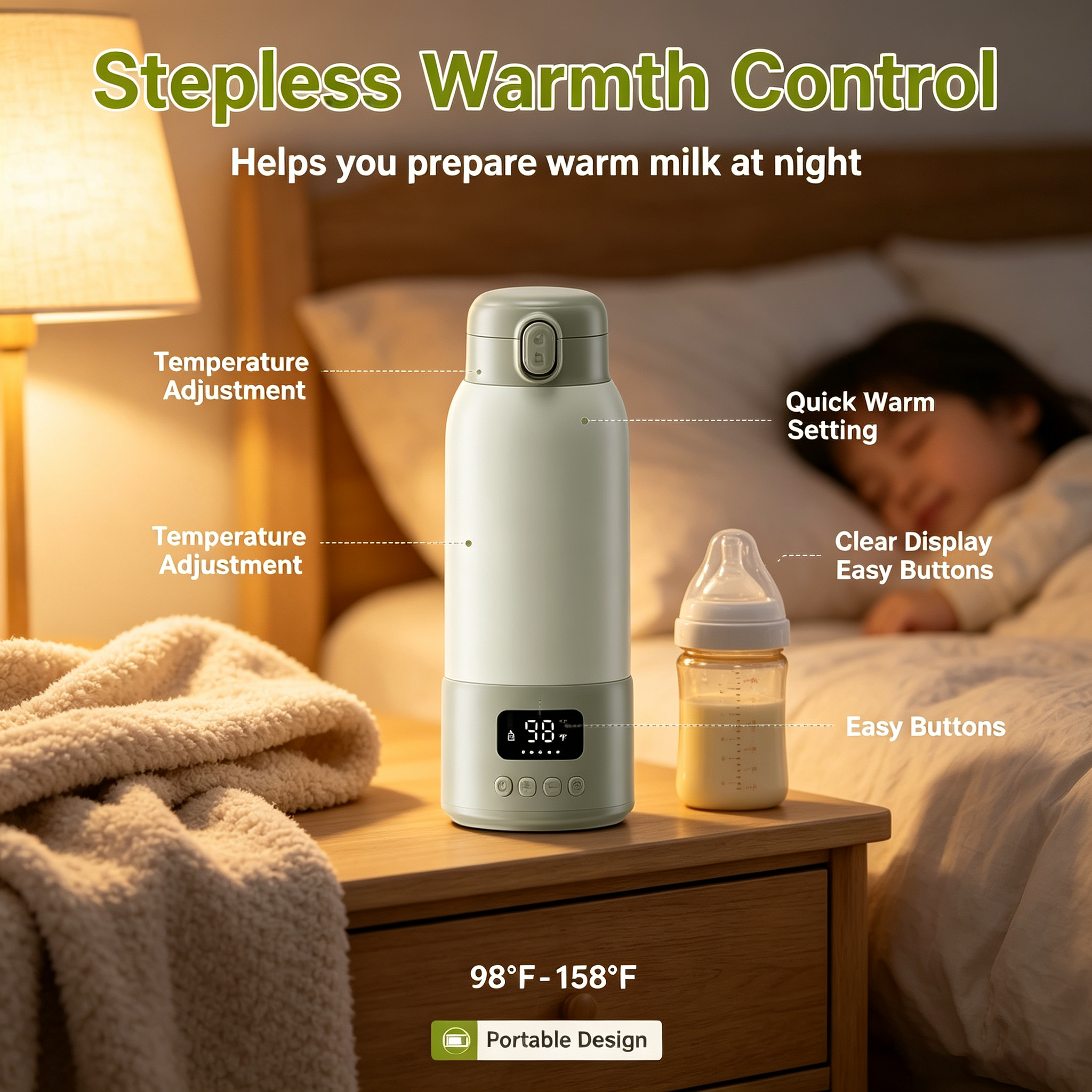 USB Rechargeable Portable Bottle Warmer with 17 oz Capacity, Digital Display, Adjustable Temperature, 316L Stainless Steel Interior