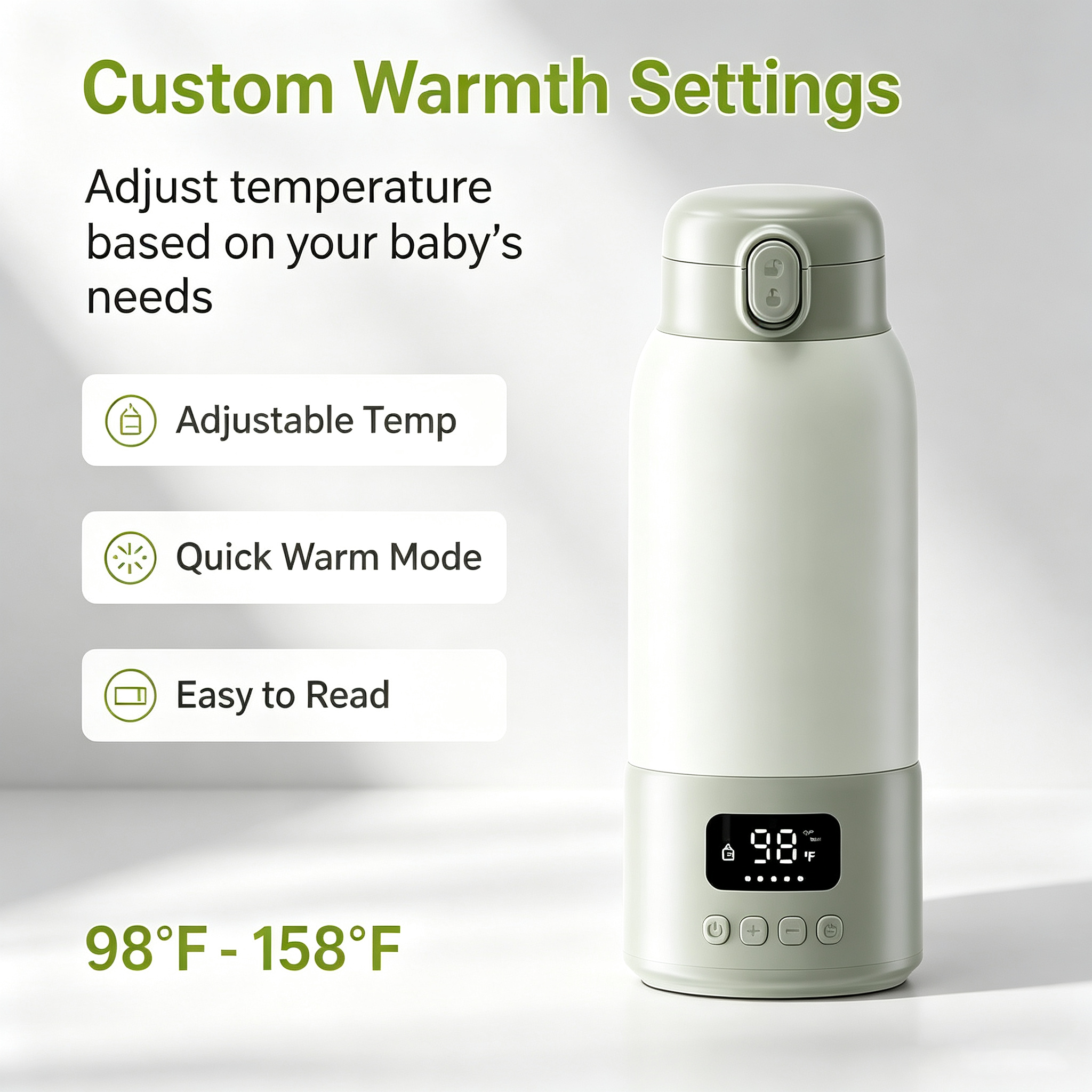 Portable Bottle Warmer with Adjustable Temperature, USB Rechargeable, Digital Display, 17 oz Capacity, 316L Stainless Steel Interior