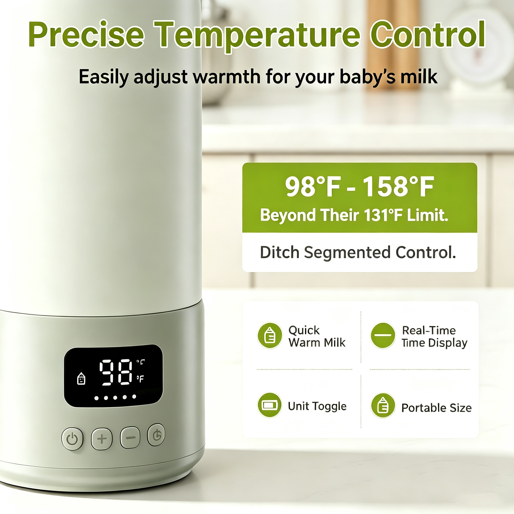 Portable Bottle Warmer, Digital Display, USB Rechargeable, 316L Stainless Steel Interior, 17 oz Capacity, Preset Temperature Options