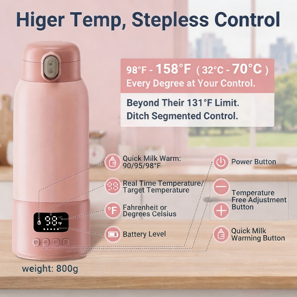 Portable Bottle Warmer, 17oz Capacity, 100W Heating Element, 316L Stainless Steel Lining, 16000mAh Battery, 98–158°F Range