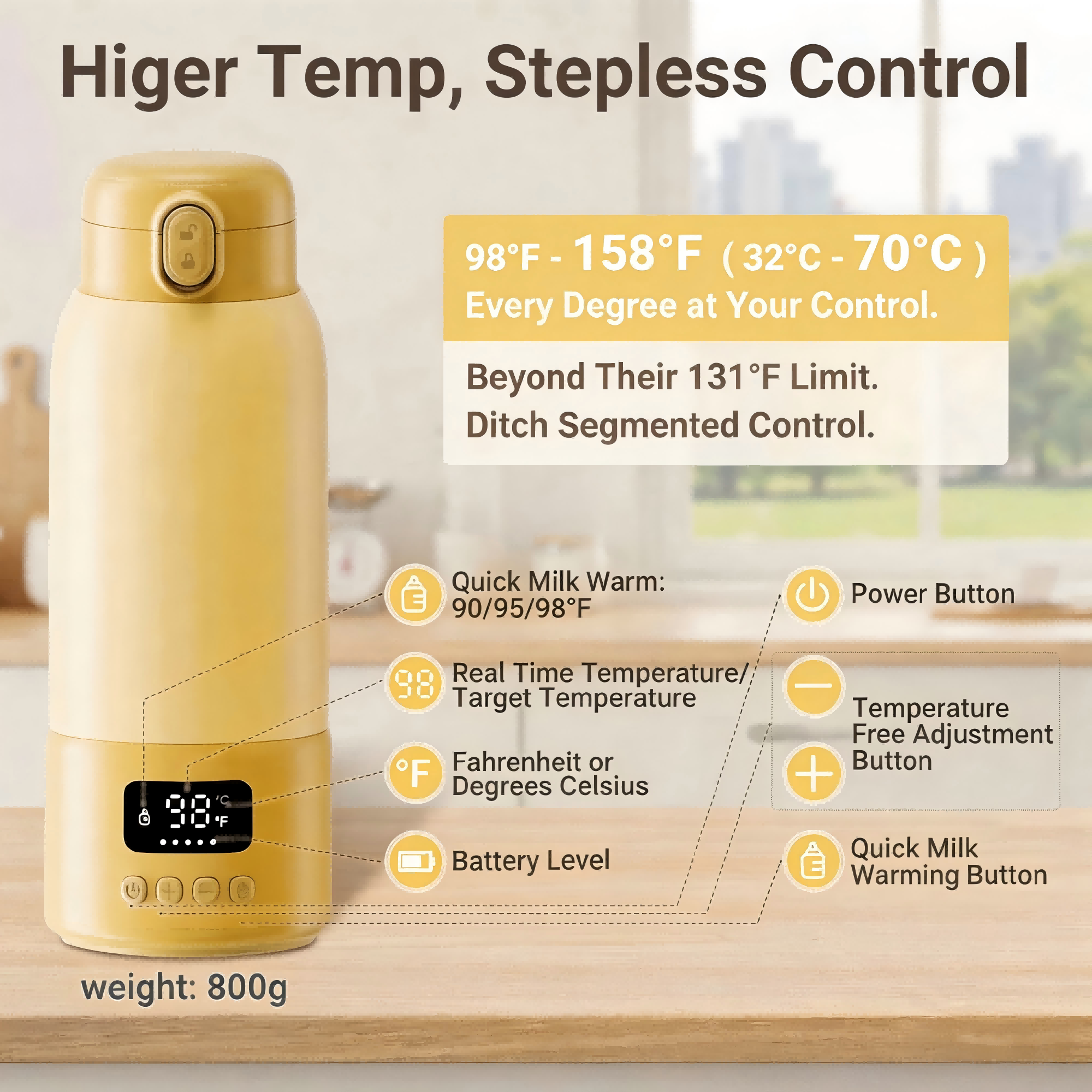 USB Rechargeable Portable Bottle Warmer with 17 oz Capacity, Digital Display, Adjustable Temperature, 316L Stainless Steel Interior