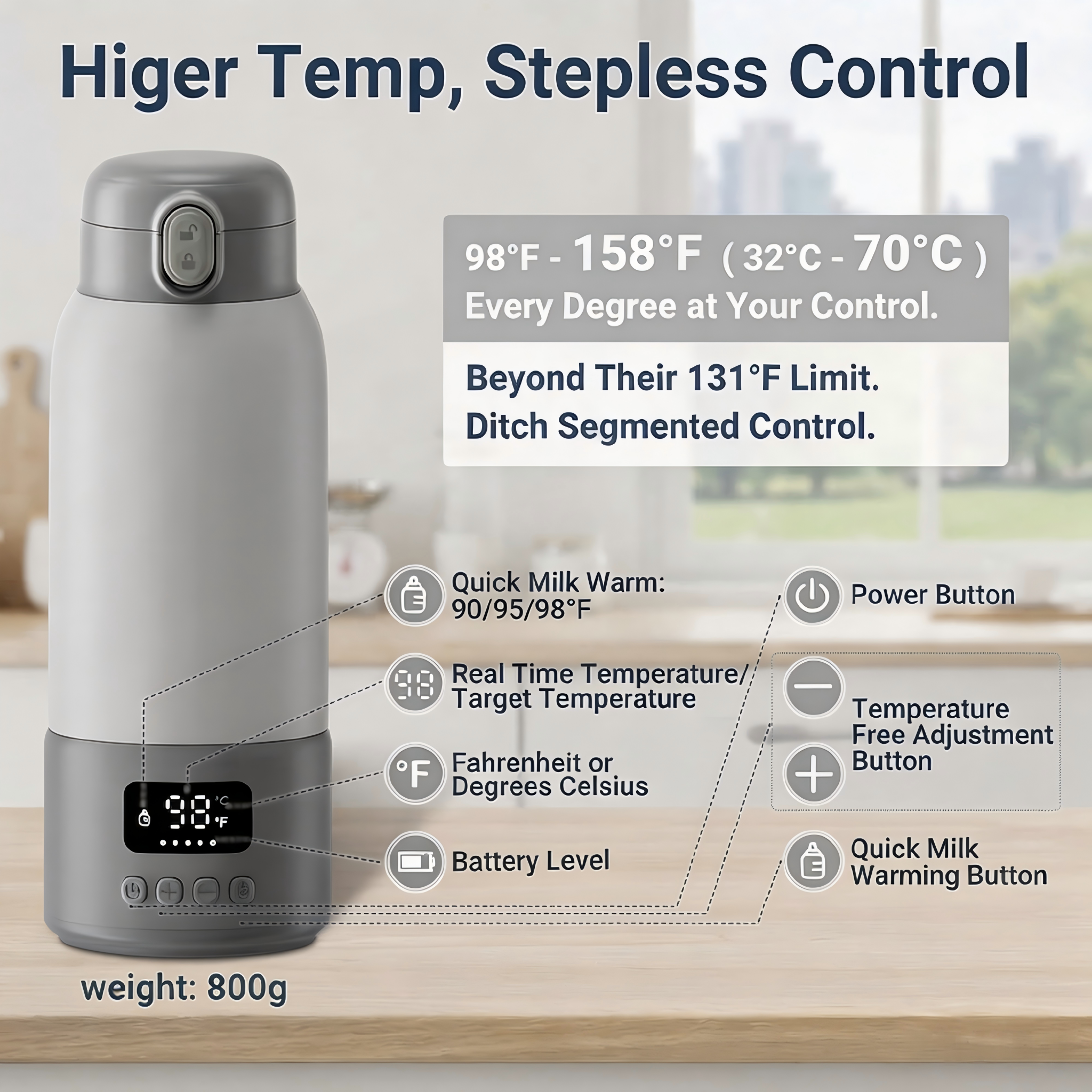 Portable Baby Bottle Warmer, 17oz Capacity, 316L Stainless Steel Interior, Rechargeable Battery, Adjustable Temperature Settings, Digital Display