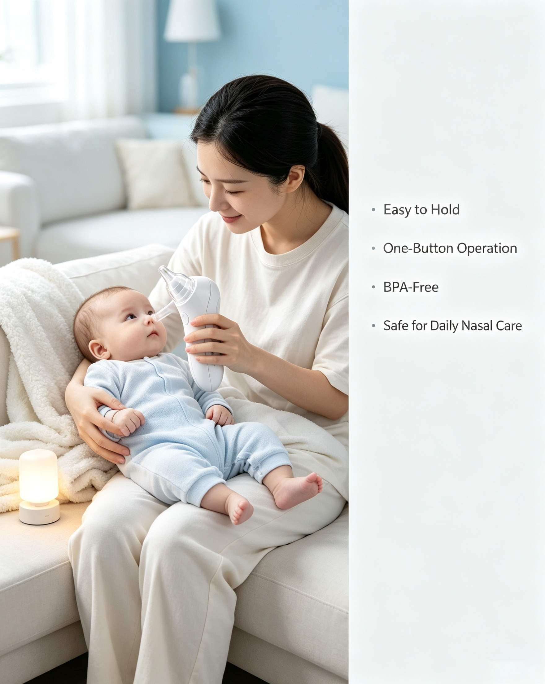 Rechargeable Baby Nasal Aspirator with Adjustable Suction, Silicone Tips, Light & Music, Portable Nose Care Device