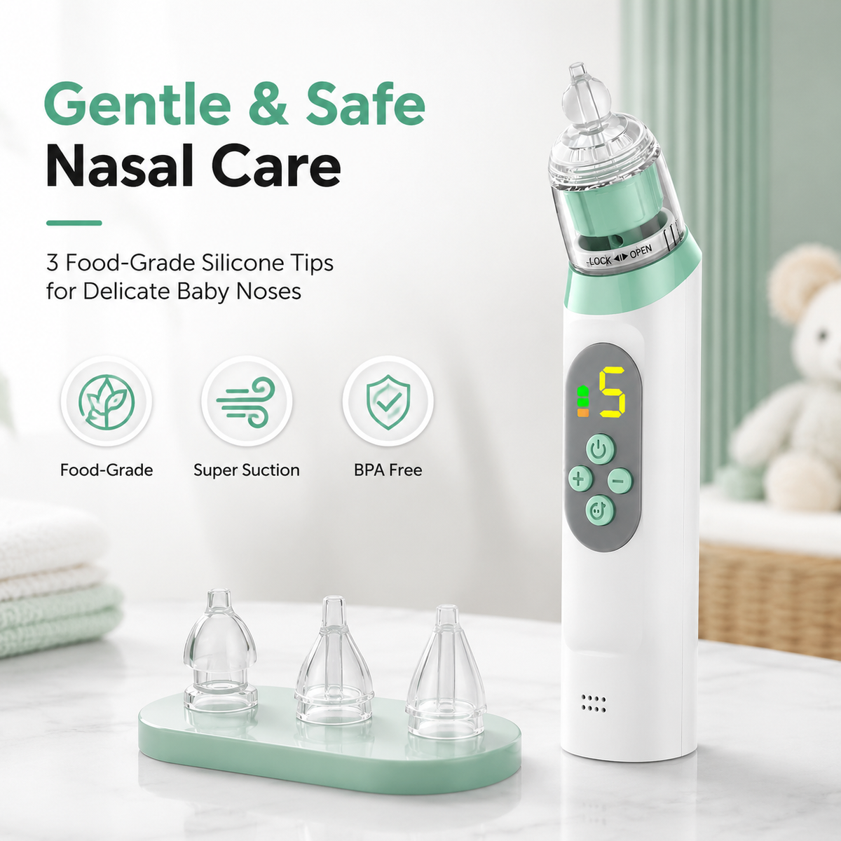 Baby Nasal Aspirator, Waterproof Baby Nose Sucker, Nose Cleaner with 3 Silicone Tips, Adjustable Suction Level, Music and Light Soothing Function