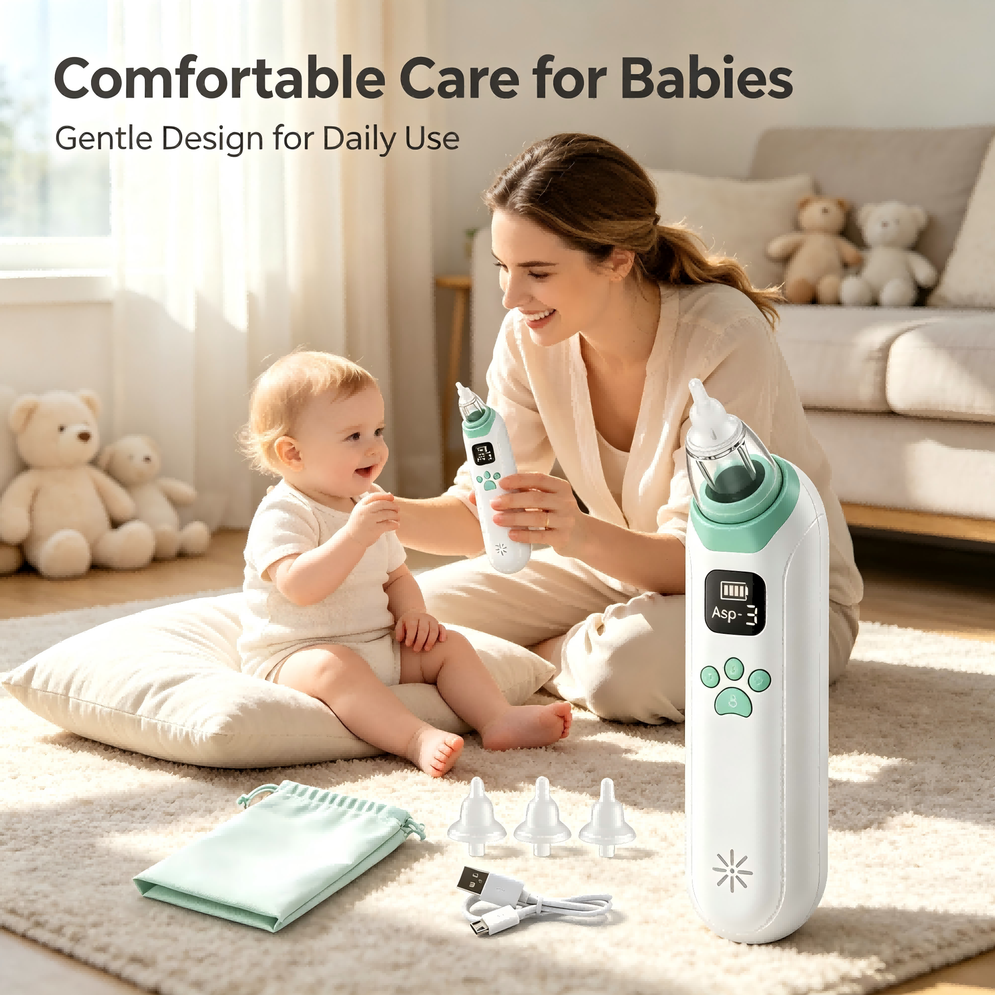 Baby Nasal Aspirator with Adjustable Suction, Silicone Tips, Light & Music, Portable Nose Care Device