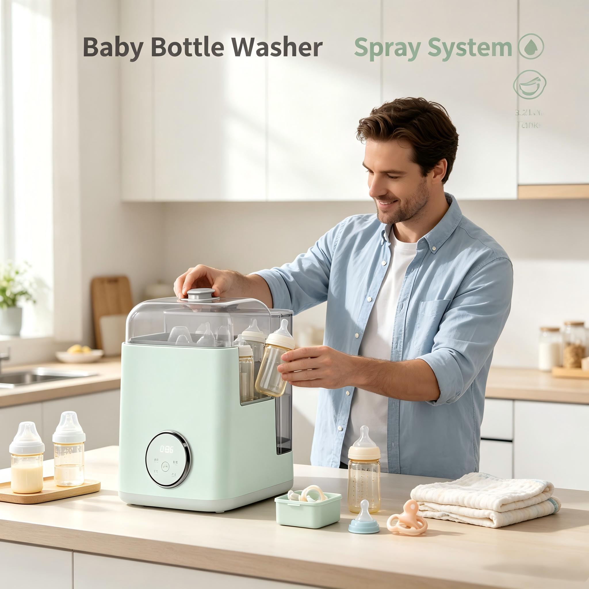 Baby Bottle Washer and Dryer, Automatic Cleaning Machine with Drying and Storage Functions for Bottles and Accessories