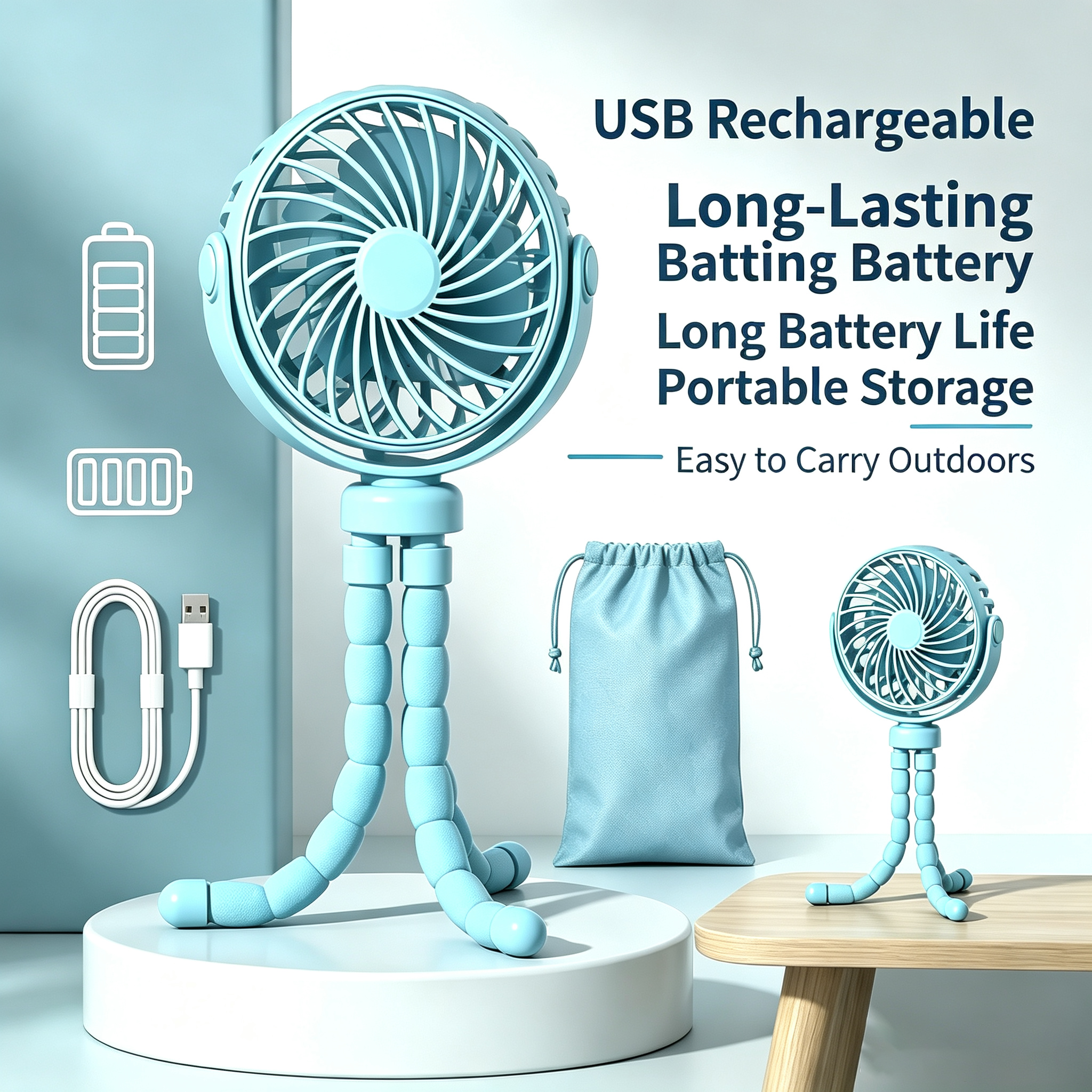 Rechargeable Portable Stroller Fan with Bendable Tripod Legs, Adjustable Wind Speeds, Rotatable Head and USB-C Charging