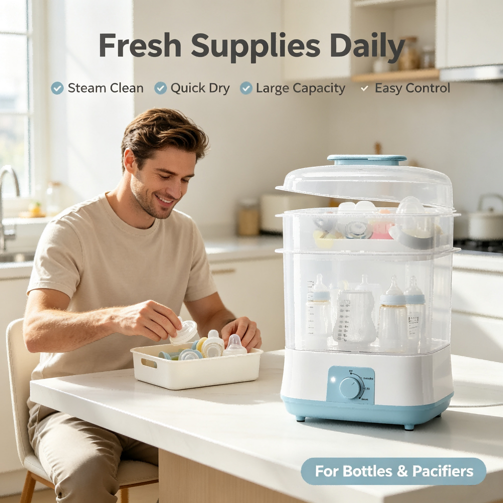 4-in-1 Baby Bottle Cleaning and Drying Machine, Steam Clean, Hot Air Dry, Storage Mode with Digital Timer