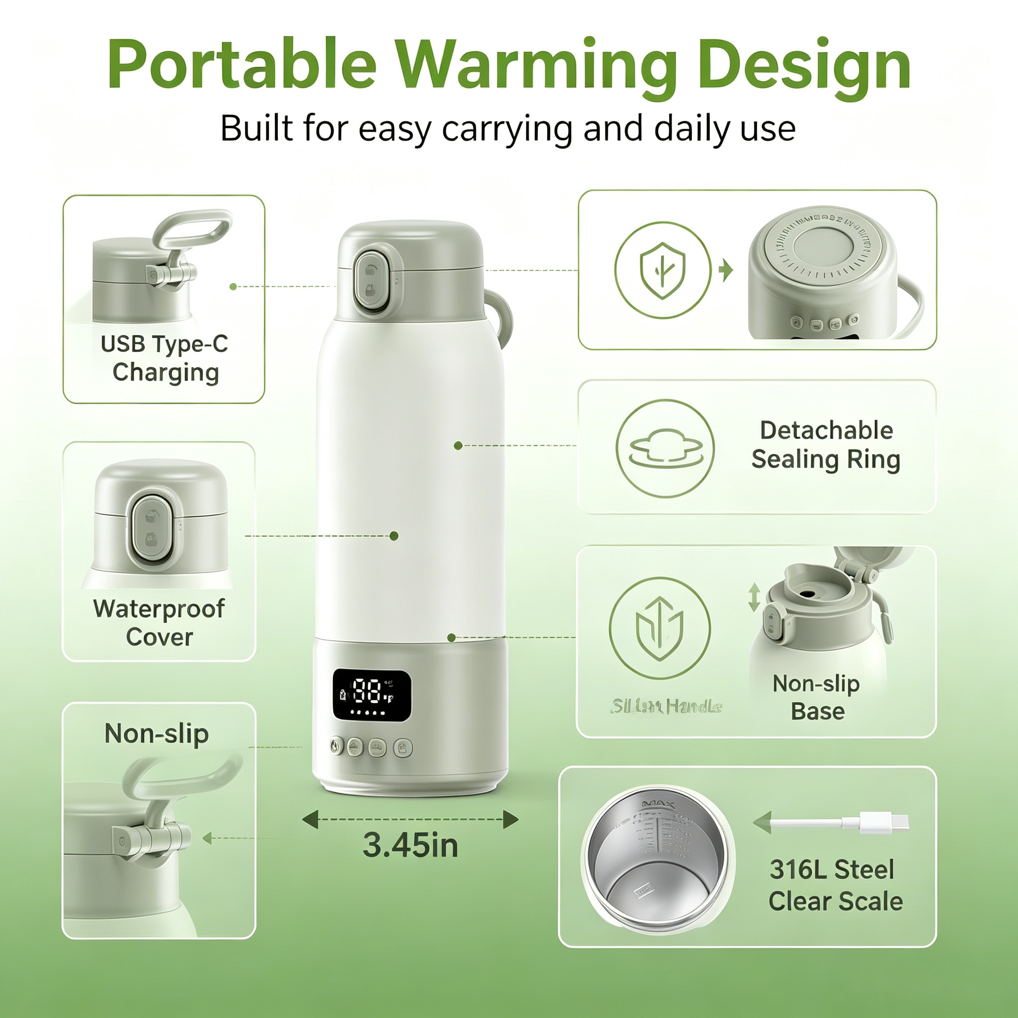 Portable Bottle Warmer, USB Rechargeable with Digital Display, 17 oz Capacity, 316L Stainless Steel Interior, Preset Temperature Options, Portable Design