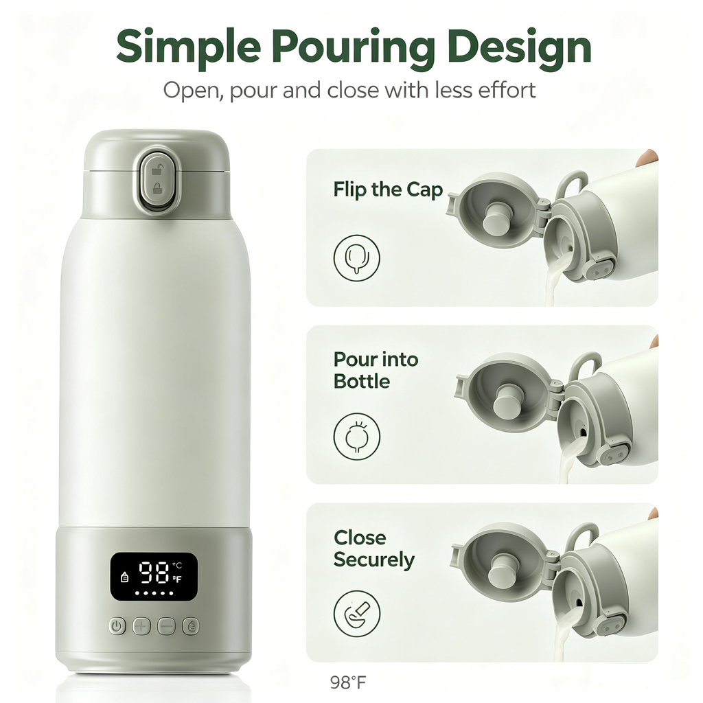 Portable Bottle Warmer with Adjustable Temperature, USB Rechargeable, Digital Display, 17 oz Capacity, 316L Stainless Steel Interior