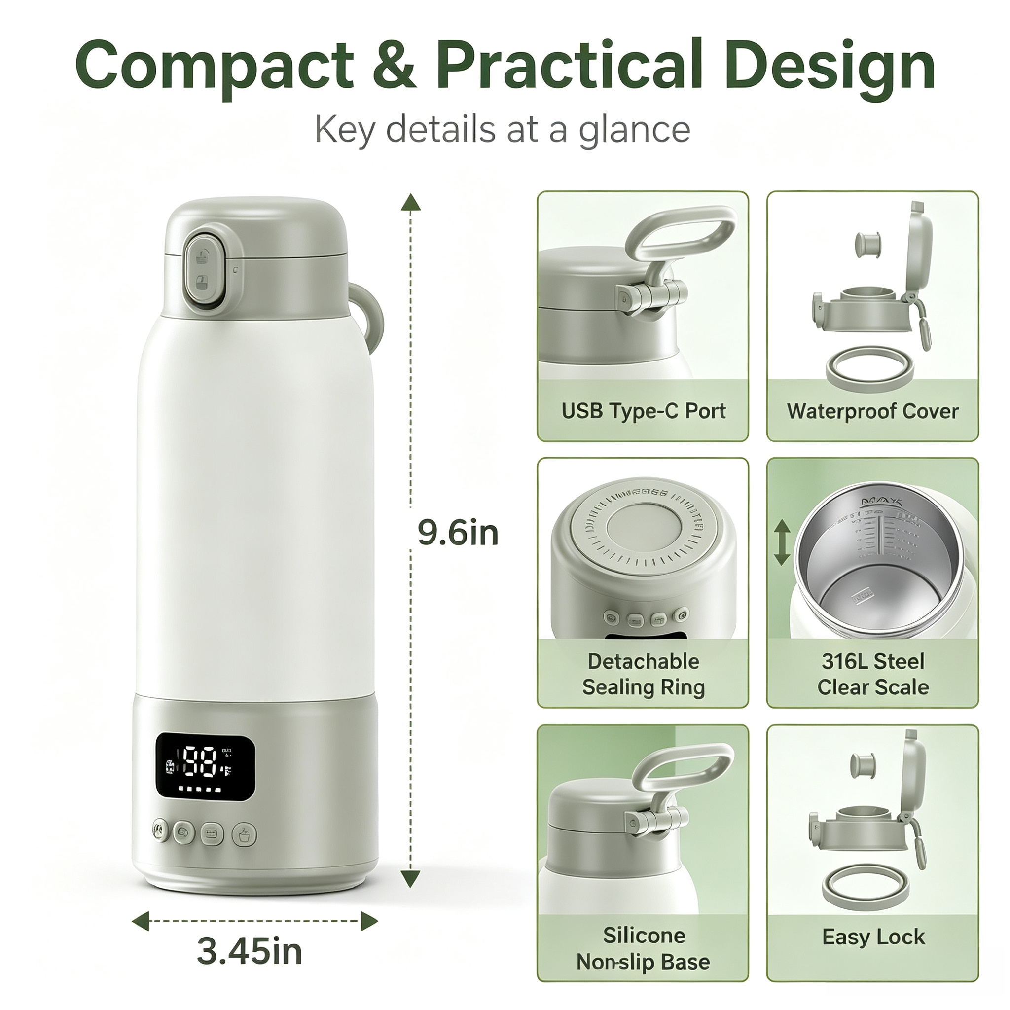 Portable Bottle Warmer, Digital Display, USB Rechargeable, 316L Stainless Steel Interior, 17 oz Capacity, Preset Temperature Options
