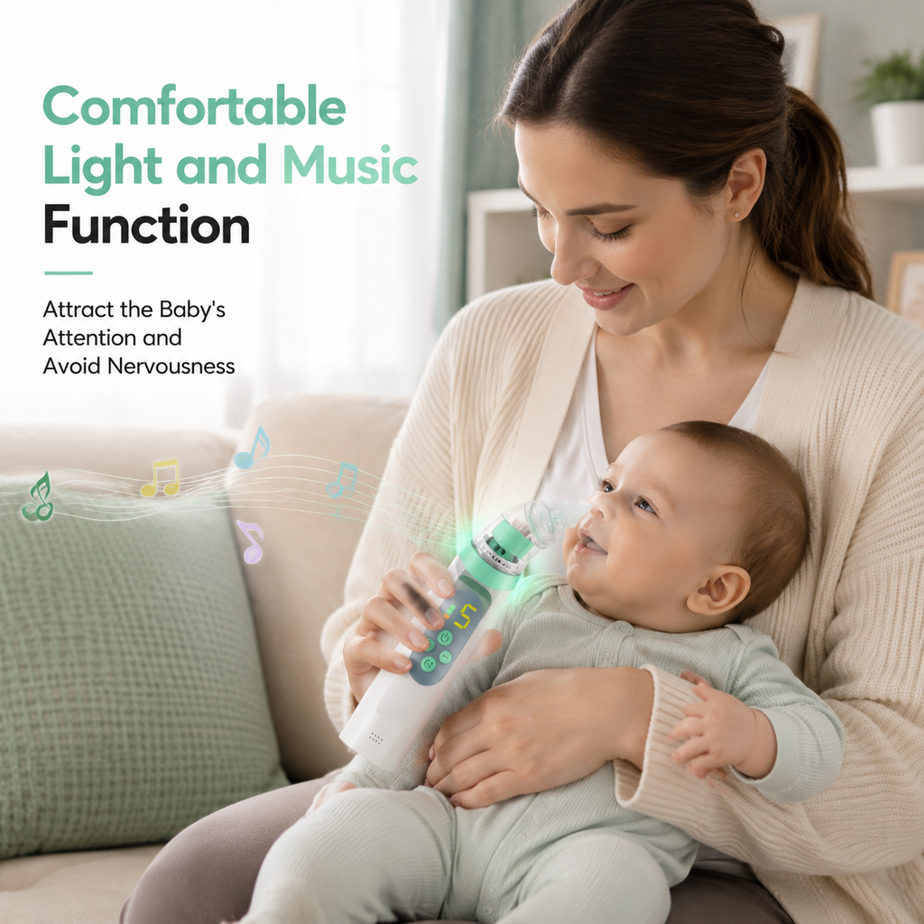 Baby Nasal Aspirator, Waterproof Baby Nose Sucker, Nose Cleaner with 3 Silicone Tips, Adjustable Suction Level, Music and Light Soothing Function