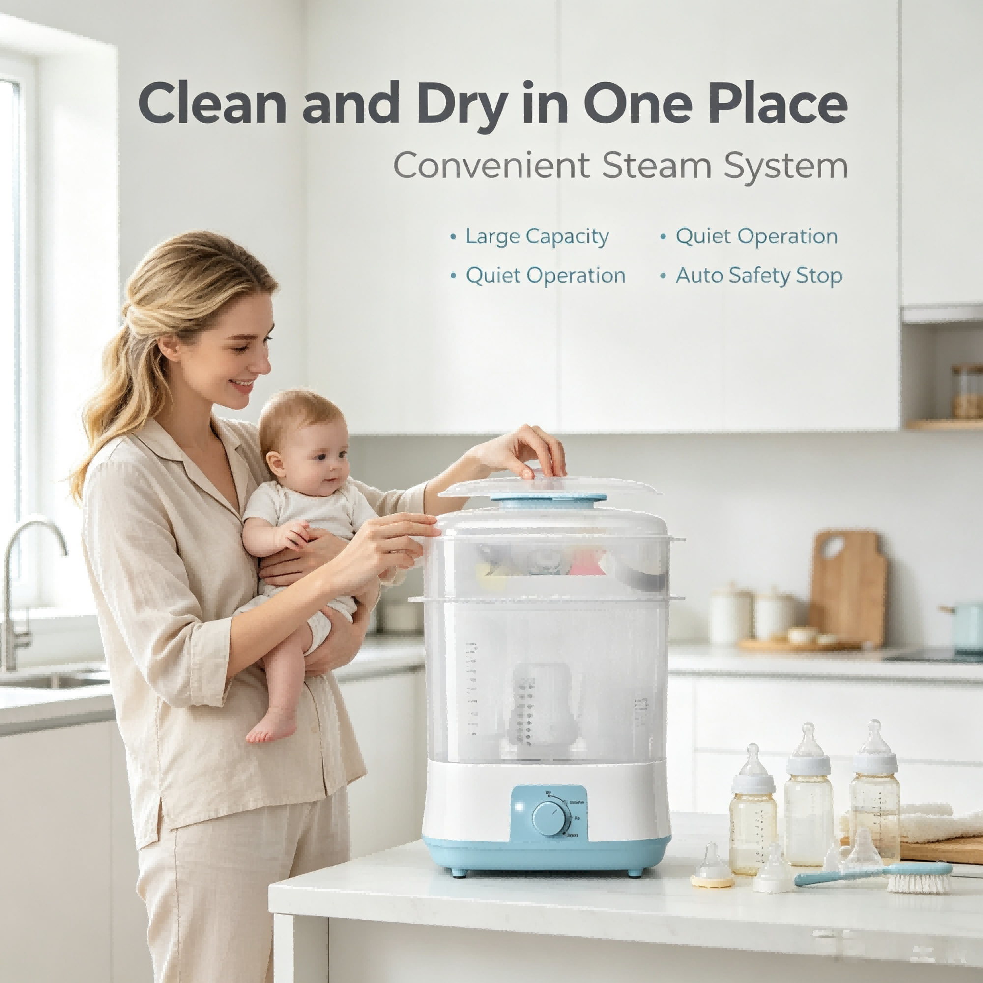 4-in-1 Baby Bottle Cleaning and Drying Machine, Steam Clean, Hot Air Dry, Storage Mode with Digital Timer