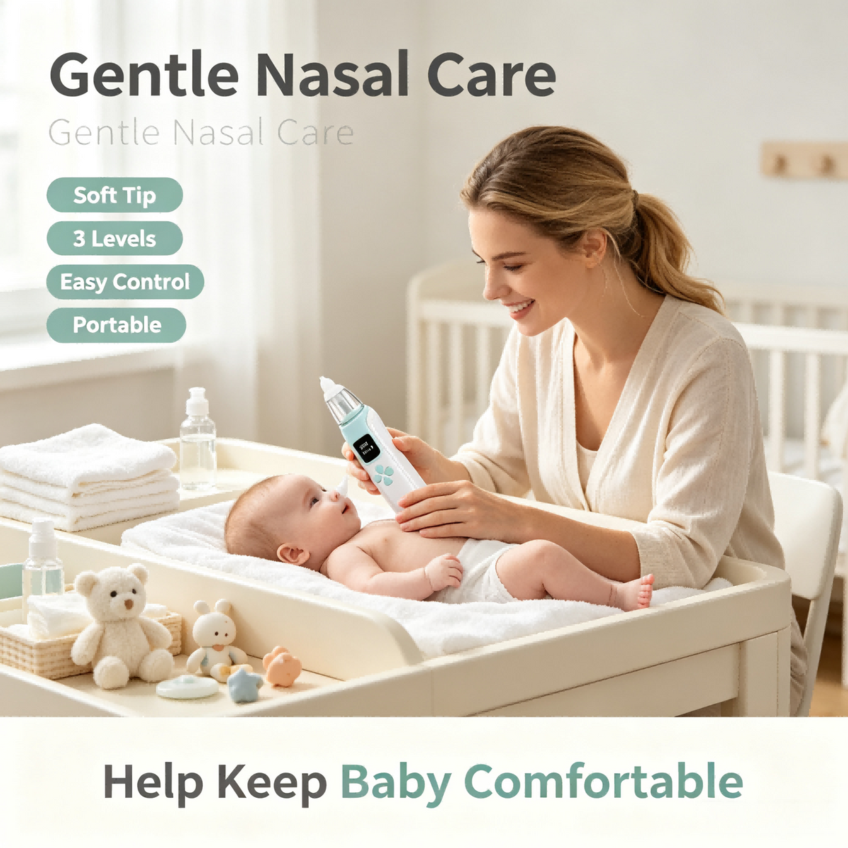 Baby Nasal Aspirator with Adjustable Suction, Silicone Tips, Light & Music, Rechargeable Portable Nose Cleaning