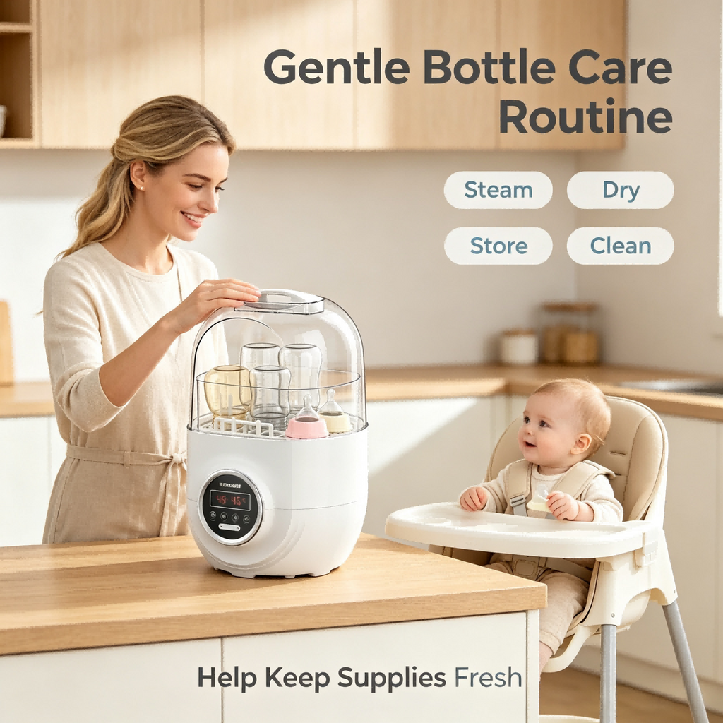 3-in-1 Baby Bottle Steam Cleaner and Dryer, Hot Air Drying, Storage Mode, Digital Control for Home Use
