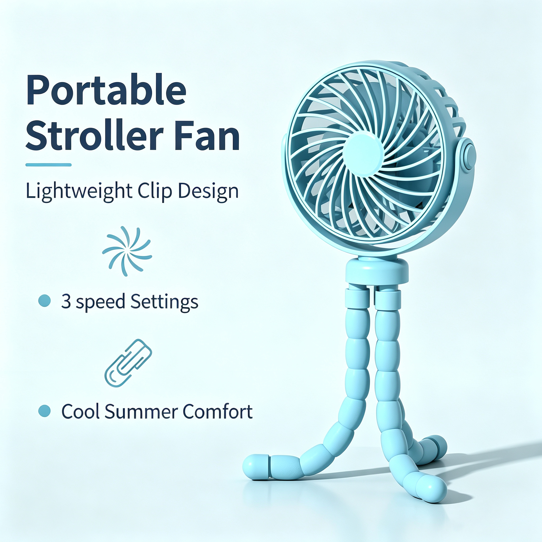 Rechargeable Portable Stroller Fan with Bendable Tripod Legs, Adjustable Wind Speeds, Rotatable Head and USB-C Charging