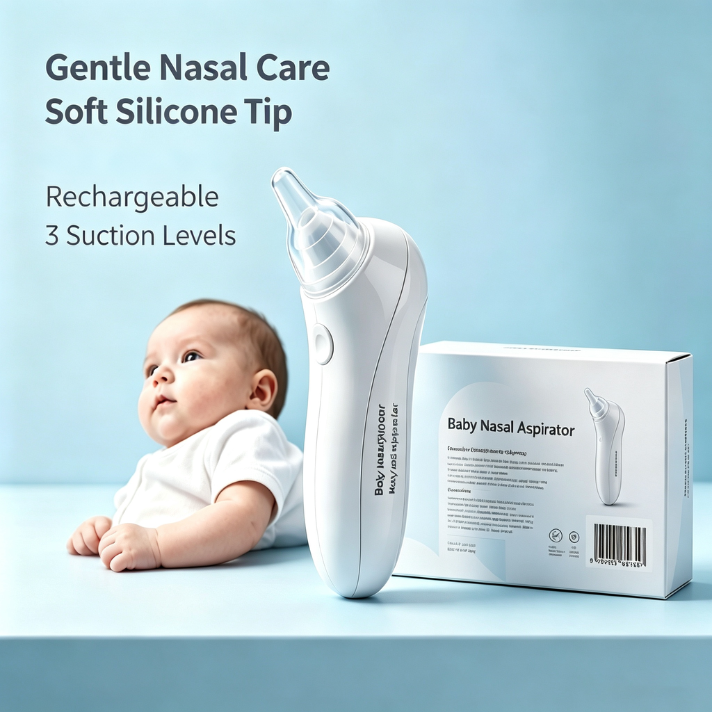 Rechargeable Baby Nasal Aspirator with Adjustable Suction, Silicone Tips, Light & Music, Portable Nose Care Device