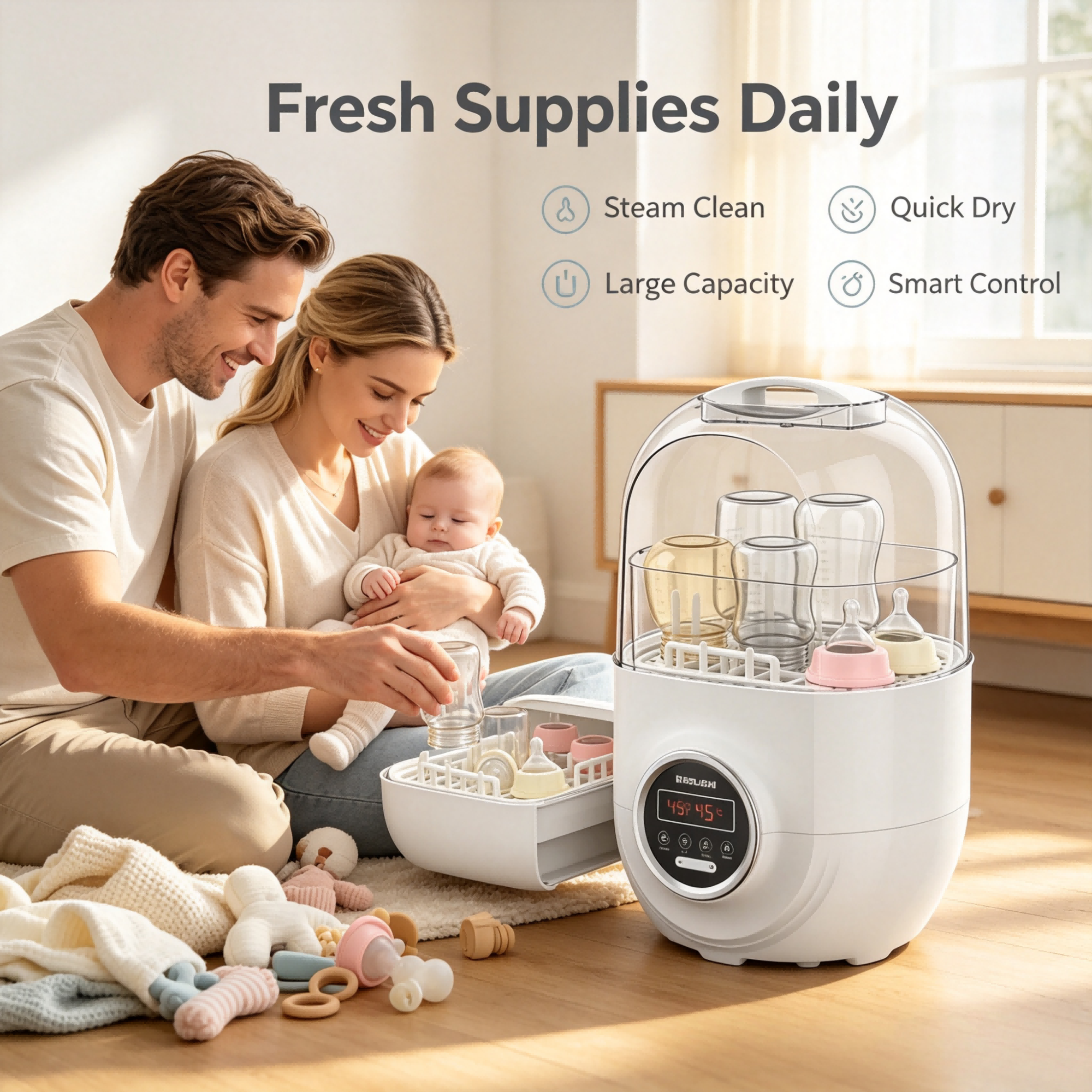3-in-1 Baby Bottle Steam Cleaner and Dryer, Hot Air Drying, Storage Mode, Digital Control for Home Use