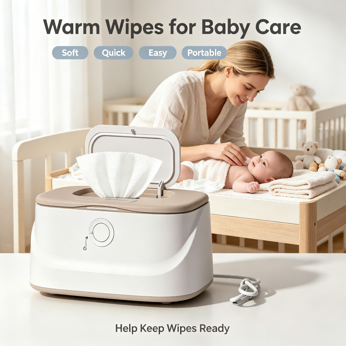 Baby Wipe Warmer Dispenser with 4 Adjustable Warmth Settings, Dimmable Night Light, Large Capacity Storage