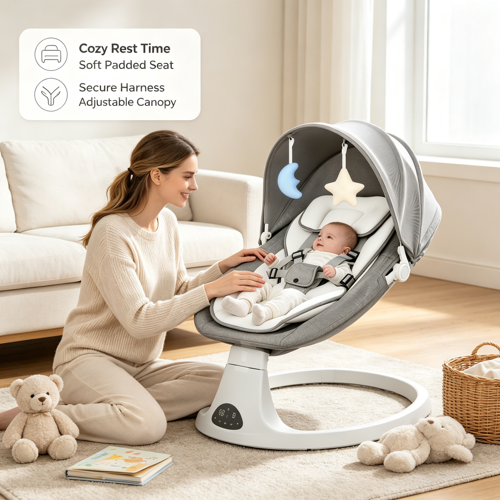 Electric Baby Rocker Swing with Remote Control, Adjustable Rocking Modes, Bluetooth Music, Timer Function, Soft Seat for Home Use