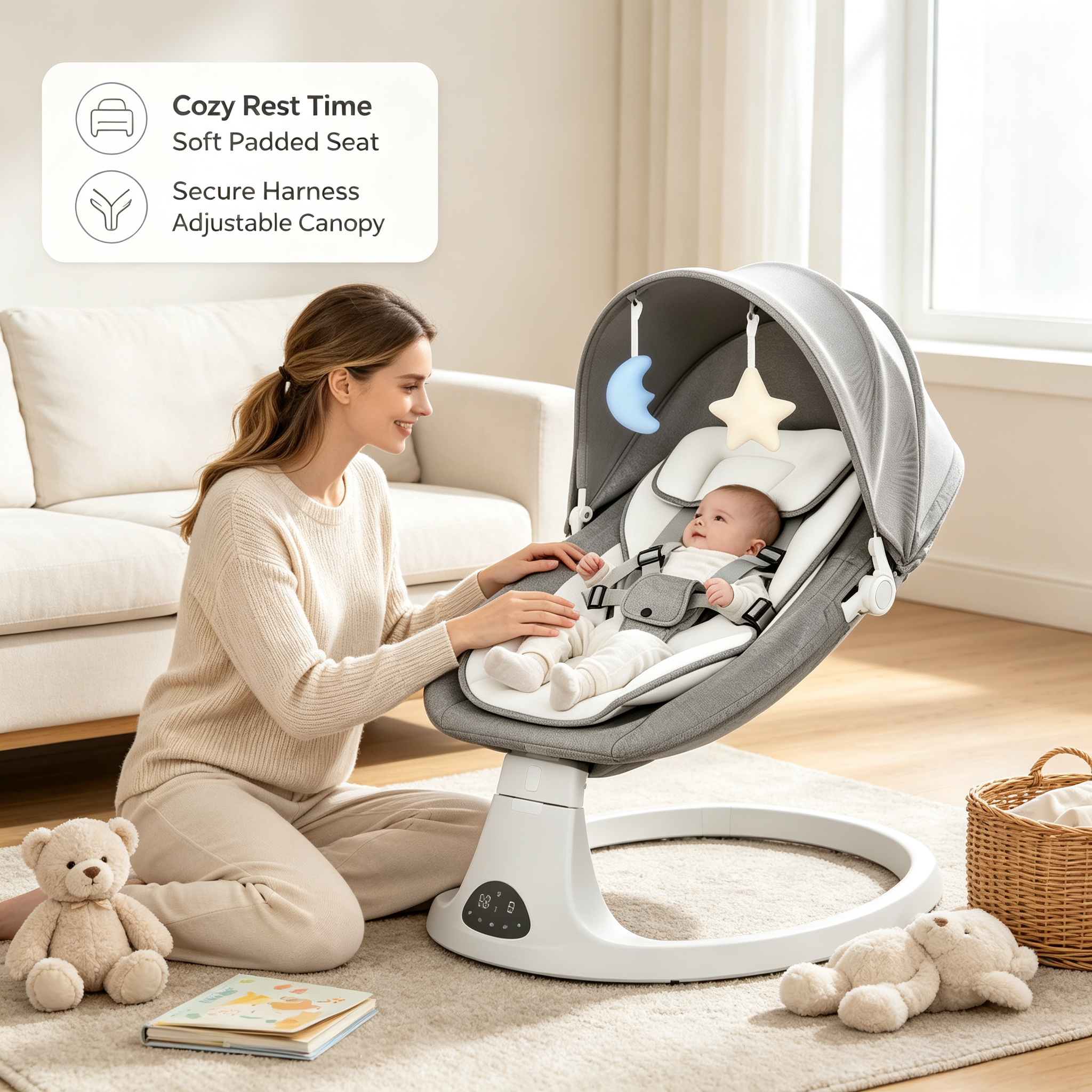 Electric Baby Rocker Swing with Remote Control, Adjustable Rocking Modes, Bluetooth Music, Timer Function, Soft Seat for Home Use