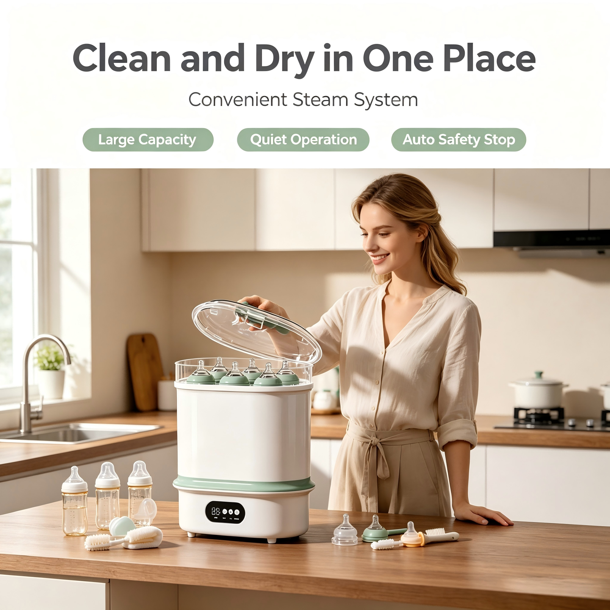 Baby Bottle Sterilizer, Dryer and Warmer with Steam Function, Hot Air Drying, Digital Timer