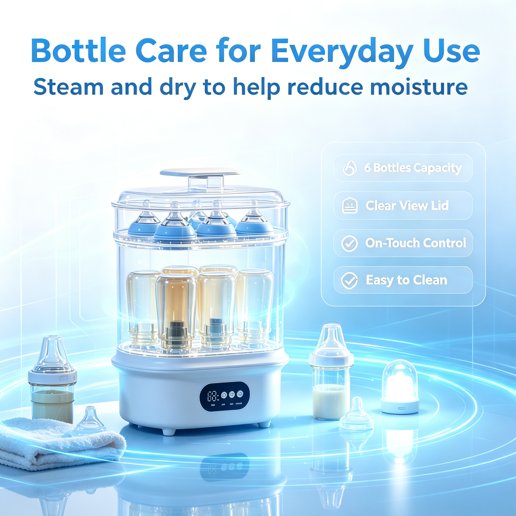 6-in-1 Baby Bottle Sterilizer and Dryer, Steam Cleaning Function with Hot Air Drying, Storage Mode and Digital Control for Home Use