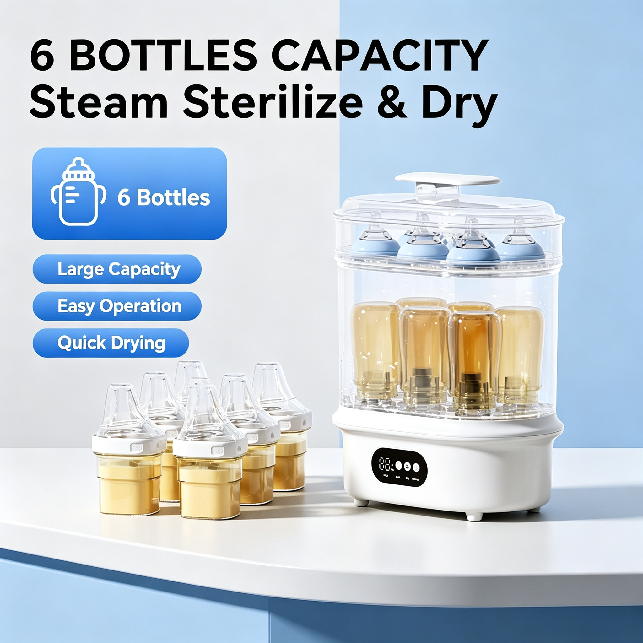 Electric Bottle Sterilizer and Dryer, Steam Function Bottle Cleaner with Hot Air Drying and Timer Settings for Home