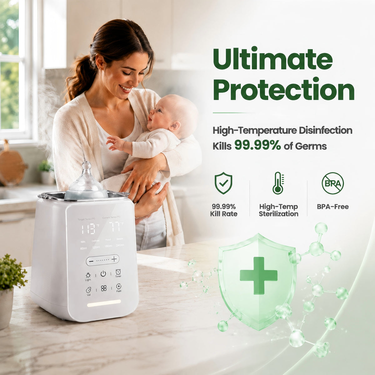 Baby Bottle Warmer, Smart Fast Milk Warmer & Food Heater, 212°F Steam Sterilizer & Defrost with Touch Screen LED Display, White