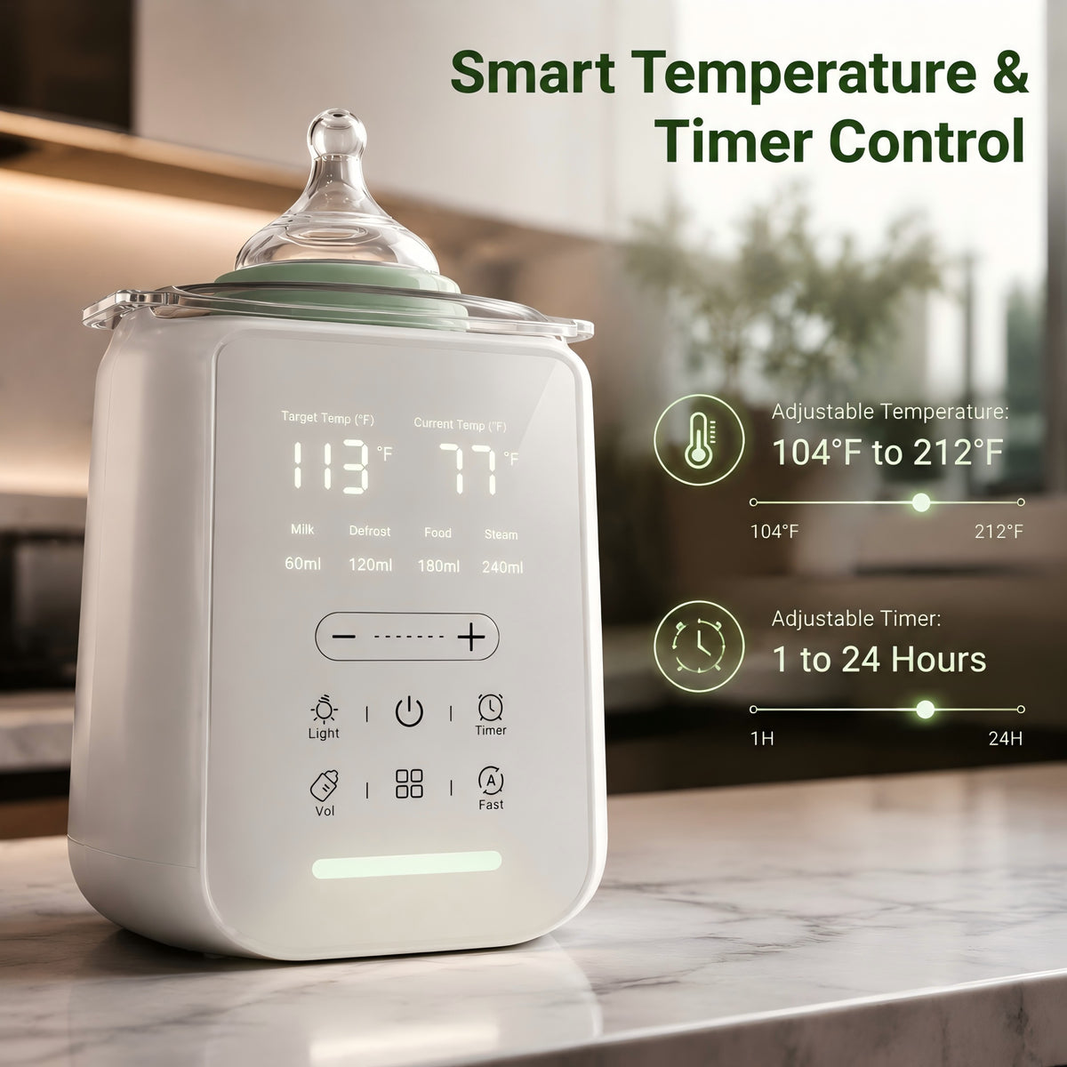 Baby Bottle Warmer, Smart Fast Milk Warmer & Food Heater, 212°F Steam Sterilizer & Defrost with Touch Screen LED Display, White