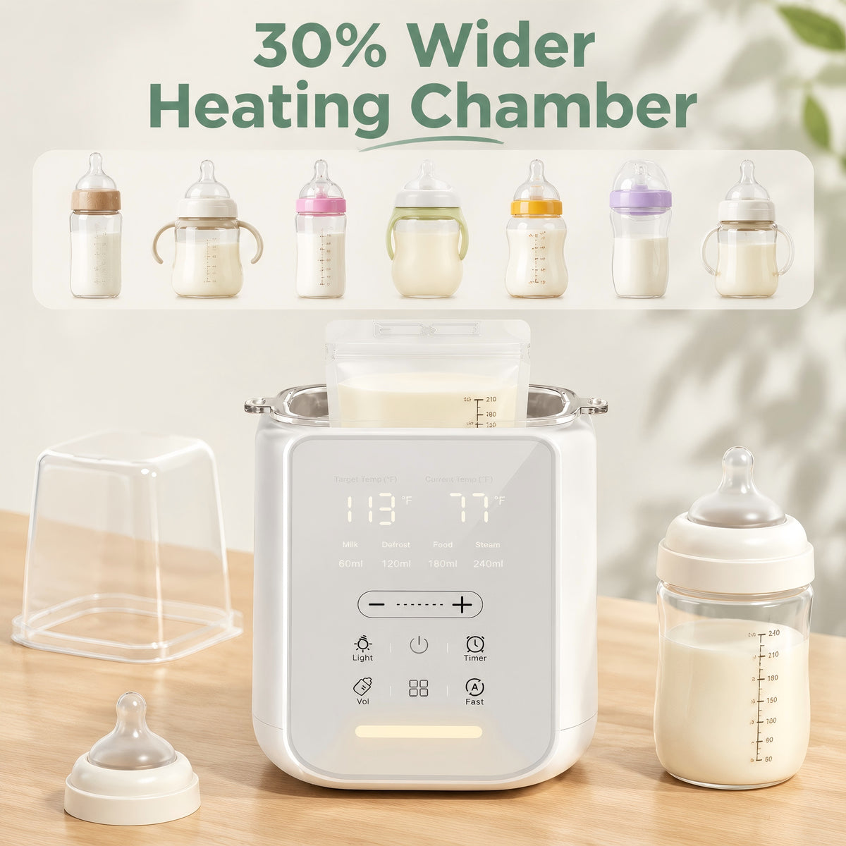 Baby Bottle Warmer, Smart Fast Milk Warmer & Food Heater, 212°F Steam Sterilizer & Defrost with Touch Screen LED Display, White