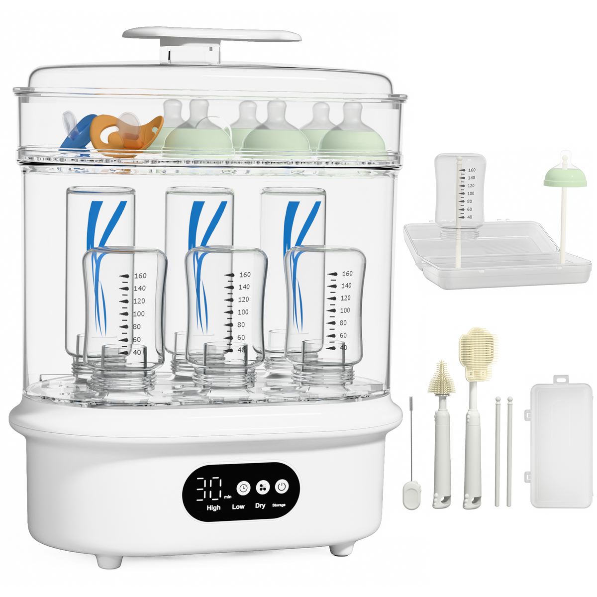 All-in-One Baby Bottle Sterilizer and Dryer, 6 Bottles Capacity, Electric Steam Sterilizer with 72H Storage, 360° Hot Air Drying, Includes Bottle Brush & Drying Rack，One-Touch Operation