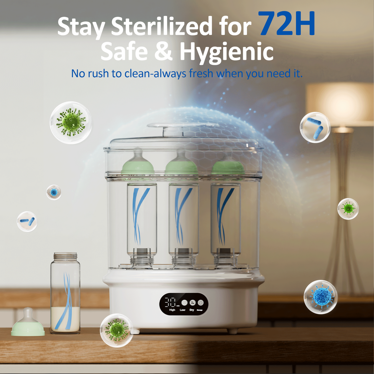 All-in-One Baby Bottle Sterilizer and Dryer, 6 Bottles Capacity, Electric Steam Sterilizer with 72H Storage, 360° Hot Air Drying, Includes Bottle Brush & Drying Rack，One-Touch Operation