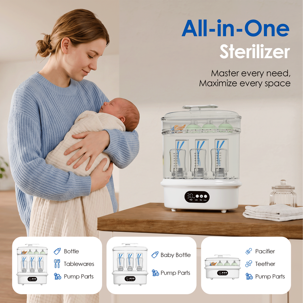 All-in-One Baby Bottle Sterilizer and Dryer, 6 Bottles Capacity, Electric Steam Sterilizer with 72H Storage, 360° Hot Air Drying, Includes Bottle Brush & Drying Rack，One-Touch Operation