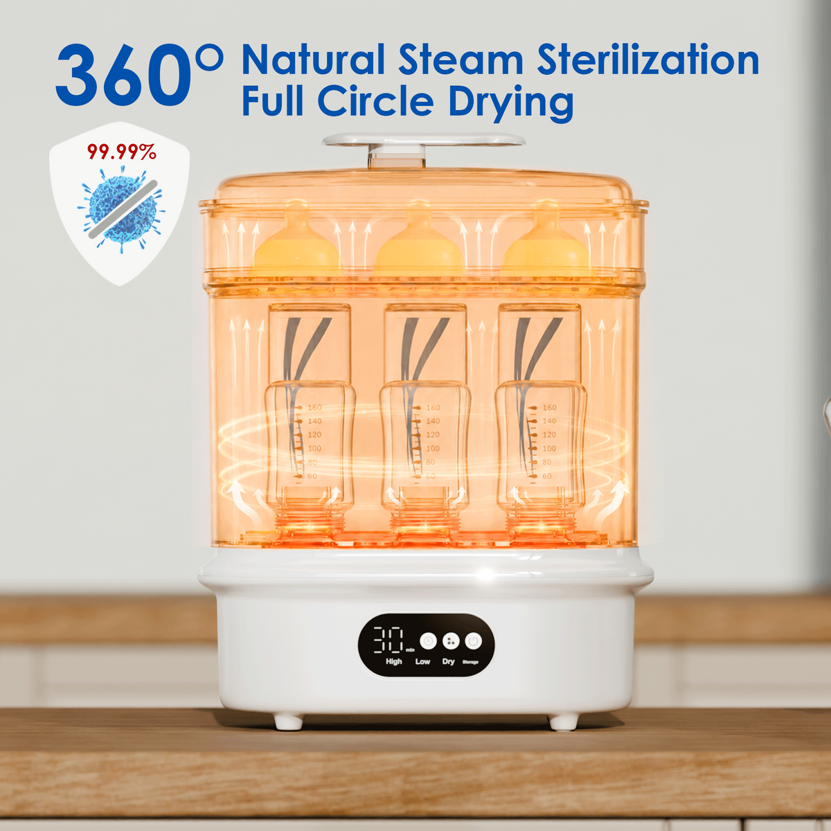 All-in-One Baby Bottle Sterilizer and Dryer, 6 Bottles Capacity, Electric Steam Sterilizer with 72H Storage, 360° Hot Air Drying, Includes Bottle Brush & Drying Rack，One-Touch Operation