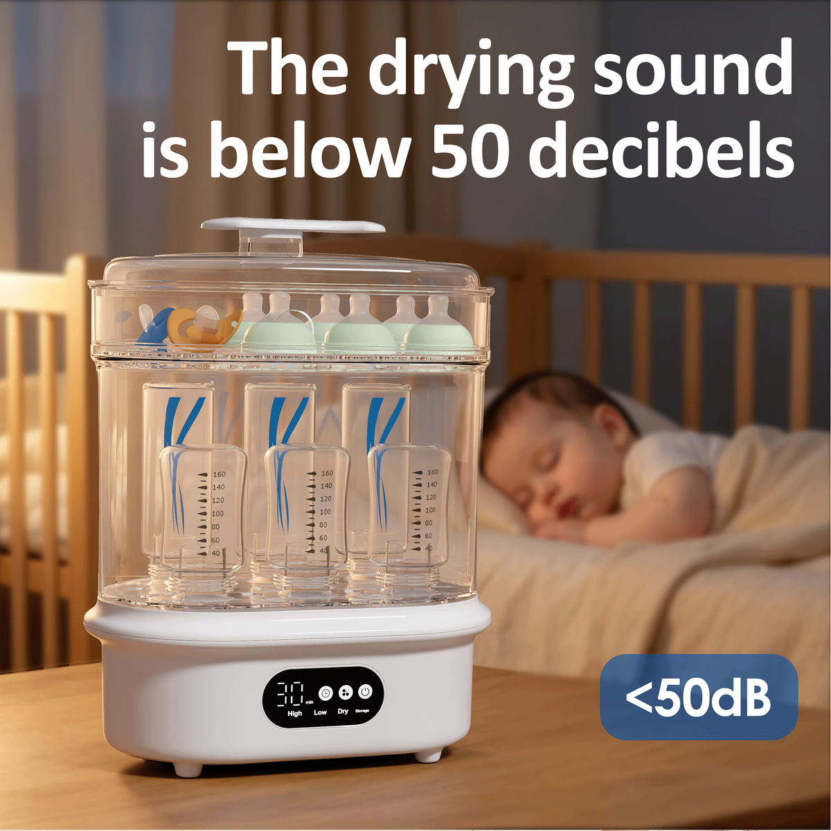 All-in-One Baby Bottle Sterilizer and Dryer, 6 Bottles Capacity, Electric Steam Sterilizer with 72H Storage, 360° Hot Air Drying, Includes Bottle Brush & Drying Rack，One-Touch Operation
