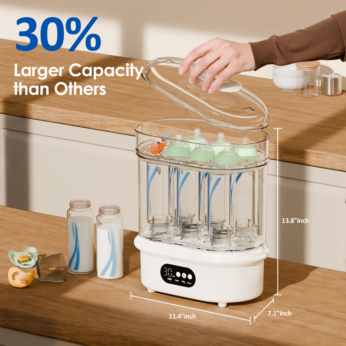 All-in-One Baby Bottle Sterilizer and Dryer, 6 Bottles Capacity, Electric Steam Sterilizer with 72H Storage, 360° Hot Air Drying, Includes Bottle Brush & Drying Rack，One-Touch Operation