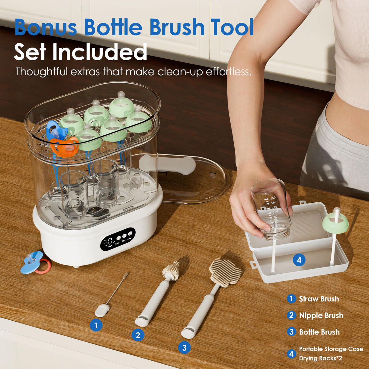 All-in-One Baby Bottle Sterilizer and Dryer, 6 Bottles Capacity, Electric Steam Sterilizer with 72H Storage, 360° Hot Air Drying, Includes Bottle Brush & Drying Rack，One-Touch Operation